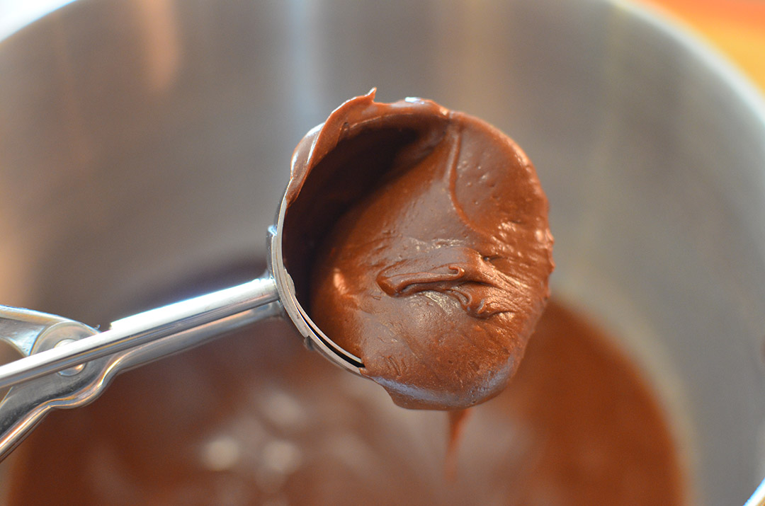 When the chocolate mixture is completely done, let it cool for a minute while you prepare the dry mix.