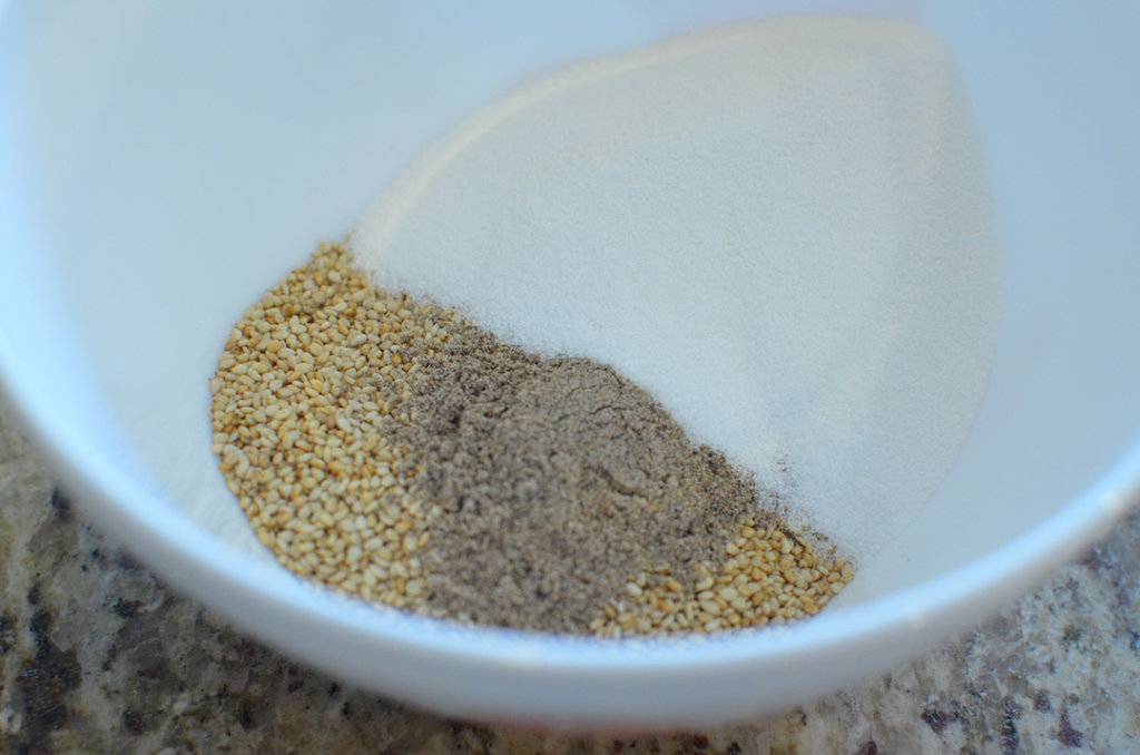 sugar, sesame seeds, and cardamom. Just mix these together so they can sprinkle on evenly.