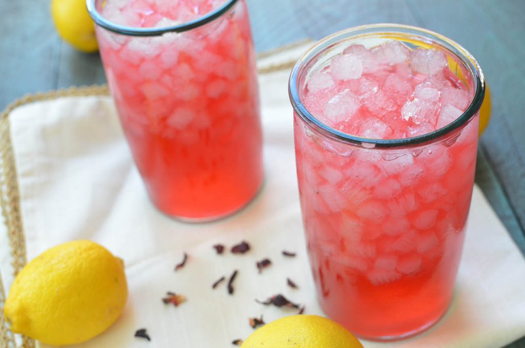 Hibiscus Lemonade. A refreshing summer drink made from fresh lemons and hibiscus petals