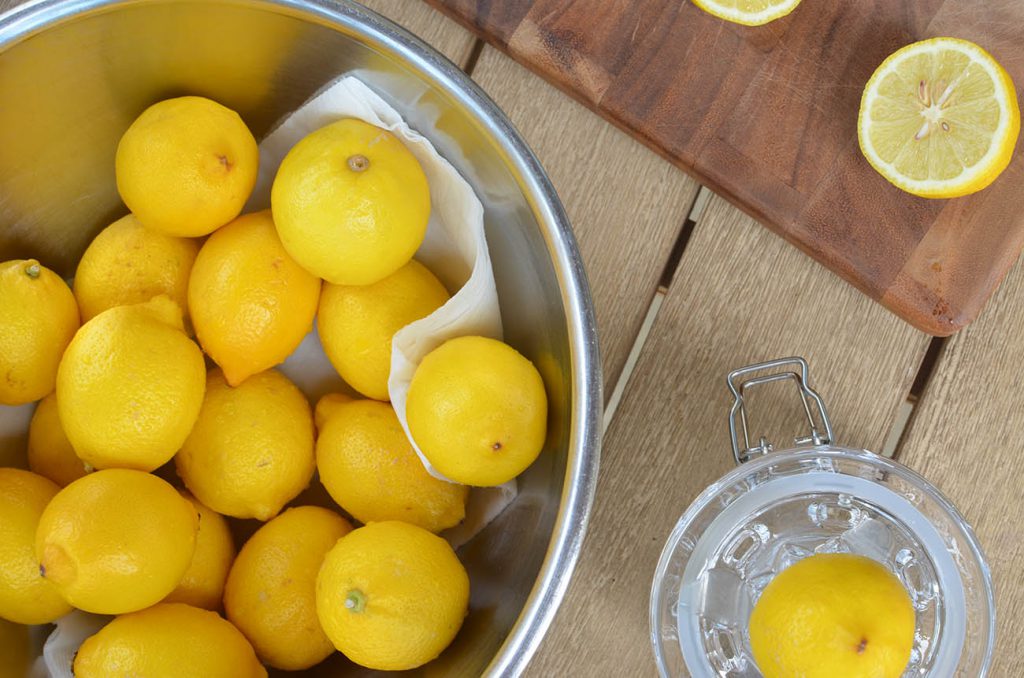 For this recipe, you're going to need a lot of lemons. Crazy amounts. You're going to need 2 cups of lemon juice which is almost a whole bowl of lemons.